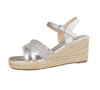 Espadrilles compensées à strass pour femme - Bout ouvert - Boucle de cheville - Sangle tressée - Chaussures d'été bohème, Argenté., 38.5 EU