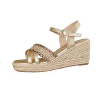 Espadrilles compensées à strass pour femme - Bout ouvert - Boucle de cheville - Sangle tressée - Chaussures d'été bohème, doré, 36 EU