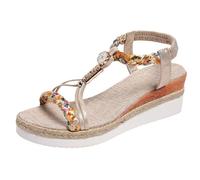 Espadrilles compensées pour femme avec sangles tressées florales | Chaussures à plateforme confortables d'été | Chaussures décontractées à bout ouvert et sangle de cheville élastique, doré, 40 EU