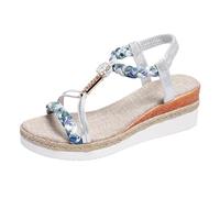 Espadrilles compensées pour femme avec sangles tressées florales | Chaussures à plateforme confortables d'été | Chaussures décontractées à bout ouvert et sangle de cheville élastique, Argenté., 37.5