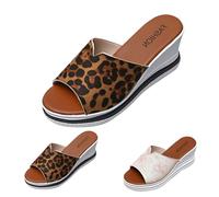 Espadrilles compensées pour femme avec soutien de la voûte plantaire, imprimé léopard - Pantoufles épaisses à fond épais - Coupe large - Bout ouvert - Tendance - Doux - Bas rembourré - Chaussures