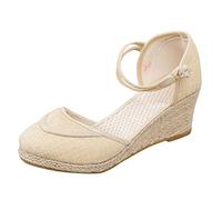Espadrilles compensées pour femme - Sandales d'été à bride de cheville | Espadrilles à talon compensé pour femme - Style ethnique - Respirantes - Chaussures d'été décontractées - Sandales à