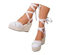 Espadrilles compensées pour femme - Sandales d'été rétro en dentelle avec motif perforé, sangle croisée et bout fermé, respirantes et confortables pour les vacances, la plage et la promenade en ville