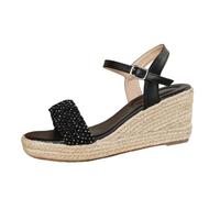Espadrilles compensées tressées avec strass et bout ouvert avec sangle de cheville pour femme, Noir , 38 EU