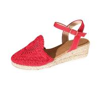 Espadrilles En Crochet Motif Soleil Sandales Compensées Fermées Bord Festonné Bride Réglable Semelle Confortable Antidérapante Pour Plage Et Pique-Niques,Rouge, Size 39