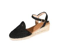 Espadrilles En Crochet Motif Soleil Sandales Compensées Fermées Bord Festonné Bride Réglable Semelle Confortable Antidérapante Pour Plage Et Pique-Niques,Le noir, Size 35