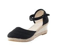 Espadrilles Plateforme Wedges Sandales pour femme avec talon compensé fermé Chaussures d'été Escarpins d'été Sandales pour femme Sandales tricotées Boucle en lin tressé Sandales de loisirs, Noir , 42