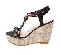 Espadrilles Sandales Talon Compensé Femme Bout Ouvert Sandale Plateforme à Lacet Chaussure Femme Ete Sandale Leger Tendance avec Perles Chaussures Plate-Forme en Paille