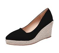 Espadrilles tendance à enfiler à talons hauts en daim léger pour le travail, le bureau et les femmes, chaussures à talon bloc et sangle de cheville, confortables, Noir , 37 EU