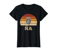 Espana Bouclier couronné NA rétro Coucher de Soleil Motif fierté espagnole T-Shirt Graphique avec Valeur, Femme, Noir, XL
