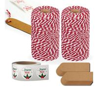 Espirito Rebelde 2 Rouleaux de Corde Coton Blanc et Rouge 100m, avec 100 Étiquettes Kraft et 50 Étiquettes Autocollantes de Noël - Kit de Décoration de Noël pour Emballages, Boîtes et Sacs-Cadeaux