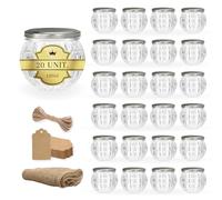 Espirito Rebelde 20 Pots en Verre Format Grenade 150 ml avec Couvercle Argenté + Étiquettes Kraft + Tissu et Fil de Jute | Idéaux pour Confitures, Conserves, Miel | Verre à Cocktail