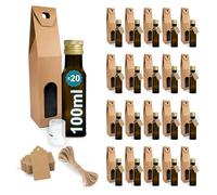 Espirito Rebelde 20x Mini Bouteilles en Verre Foncé 100ml avec Bouchon a Vis Doré + 20 Boîtes + 20 Sceaux + 20 Étiquettes Kraft + Ficelle - Petites Bouteilles pour Huile d'Olive, Vinaigre, Alcool
