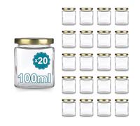 Espirito Rebelde Lot de 20 Pots en Verre Carrés 100 ml avec Couvercle Doré - Bocaux de Rangement pour Épices, Confiture et Yaourt | Cuisine Organisée