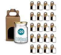 Espirito Rebelde Lot de 20 pots en verre vides avec couvercle de 100 ml avec 20 bôites en carton pour 1 pot de confiture - Inclut un couvercle à vis doré, pour confitures, conserves, miel