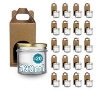 Espirito Rebelde Lot de 20 pots en verre vides avec couvercle de 130 ml avec 20 bôites en carton pour 1 pot de confiture - Inclut un couvercle à vis doré, pour confitures, conserves, miel