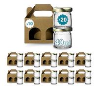 Espirito Rebelde Lot de 20 pots en verre vides avec couvercle de 40 ml avec 10 bôites en carton pour 2 pot de confiture - Inclut un couvercle à vis doré, pour confitures, conserves, miel
