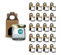 Espirito Rebelde Lot de 20 pots en verre vides avec couvercle de 40 ml avec 20 bôites en carton pour 1 pot de confiture - Inclut un couvercle à vis doré, pour confitures, conserves, miel