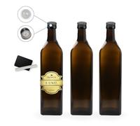 Espirito Rebelde Lot de 3 Bouteilles en Verre Foncé pour Huiles d' Olive avec Ardoise et Craie - Pour Vinaigrette, Sauces, Liqueur, et Autres Condiments - 1000ml, avec Bec Verseur