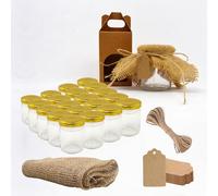 Espirito Rebelde Pack de 20 pots en verre vides de 100 ml avec couvercle, 20 boîtes, tissu, ficelle de jute et 20 étiquettes kraft inclus - Pour confitures, conserves, miel