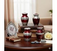 eSplanade Lot de 4 mini urnes funéraires en métal pour cendres funéraires - Souvenir gravé et texturé - Rouge - 7,6 cm