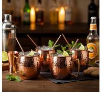 eSplanade Moscow Mule Lot de 4 tasses à cocktail en cuivre avec 4 pailles en cuivre et un mesureur de pince ( Mule/hammered/brassHnadle/4)