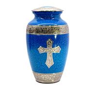 eSplanade Urne funéraire en laiton | Urnes en métal | Urnes à enfouir | Souvenir pour cendres - Croix bleue océan gravée - 25,4 cm (taille complète)