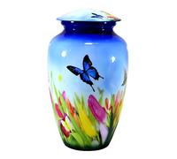 ESPLANADE Urne funéraire en métal | Urne funéraire taille normale pour cendres funéraires | Imprimé papillon avec fleurs | Bleu - 25,4 cm