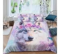 ESPLJQRYX 3D Print Ultrasoft Microfibre Wolf w/Flowers Comforter Cover Skin-Friendly Bedding Sets w/Matching Pillowcase Fantasy Style Quilt Cover Set All Season Kids Teens Boys Girls Supe (260x220cm)