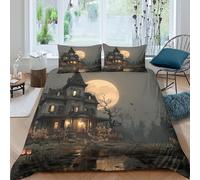 ESPLJQRYX Haunted Mansion Housse de Couette Confortable Microfibre Hypoallergique 3 pièces Gothic Horror Style Linge de Lit avec 2 x Taies d'oreiller Super Douce for Garçons Filles Single（135x200cm）
