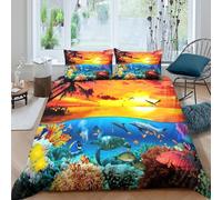 ESPLJQRYX Océan Life Linge de Lit Léger Microfibre résistante 3 Pièces 3D Effet Tropical Marine scène Parure de Lit avec 2 Taies d'oreiller Hypoallergique for Chambre Enfants Single（135x200cm）
