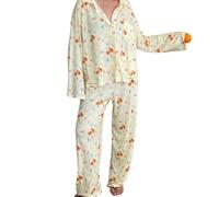 EsprAL Ensemble Pyjama 2 pièces à Fleurs pour Femmes, Chemises et Pantalons boutonnés à Manches Longues, Ensemble de Salon Pyjama imprimé de Fruits pour Femmes (Medium,Yellow)