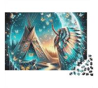 Esprit Amérindien Puzzle Soirée Jeu 1000 Pièces pour Adultes Scène Tribale Mystique au Clair de Lune avec Papillons Lumineux Premium Robuste Vibrant Défiant Difficile Anti-Stress 38x26cm/1000pcs