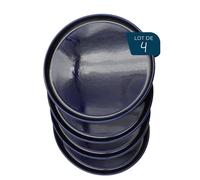 ESPRIT DE CUISINE - Lot de 4 Assiettes Plates En Céramique - Design Élégant - Résistant Aux Rayures - Solide Et Durable - Facile À Nettoyer - Made In France - 25 cm - Bleu Moucheté