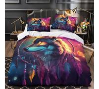 Esprit du Loup Impression 3D 3 pièces Housse de Courtepointe Attrape-rêves Art Fantastique Housse de lit Microfibre Respirant Fermeture éclair pour garçons Enfants Femmes Double（200x200cm）