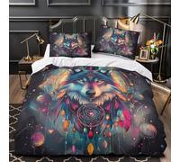 esprit du loup Impression 3D 3 pièces housse de courtepointe style artistique attrape-rêves housse de couette microfibre respirant fermeture éclair pour garçons enfants femmes Super king（260x220cm）