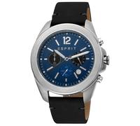 Esprit - Montre ESPRIT Chrono Classique de couleur Argent, Cadran Bleu, Bracelet cuir, 44 mm, Homme Water resistant 10 ATM avec un mouvement Quartz