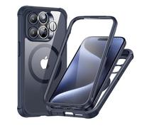 ESR Armor Series Coque pour iPhone 15 Pro Max, compatible avec MagSafe, coque intégrale anti-chute de qualité militaire avec protecteur d'écran en verre trempé 9H+ intégré, bleu foncé transparent