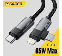 Essager 2-en-1 câble à Angle droit PD 65W 29W câble de données coudé de charge rapide pour iPhone 15 14 13 MacBook Lenovo Asus Dell iPad Pro grey