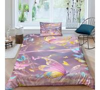 ESSAHI Papillon 3pcs Housse De Couette Imprimé 3D Microfibre avec Fermeture Éclair Taie d'oreiller Parure De Lit Pink Papillon Housses De Couettes，pour Garçons,Fille Single（135x200cm）