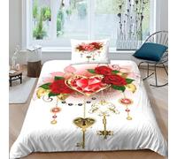 ESSAHI Rose Rouge Parure De Lit Housses De Couettes Imprimé 3D en Microfibre avec Taies d'oreiller Ruby Love Housse De Couette 3 Pièces,Douce Et Respirante,pour Garçons,Fille Single(135x200cm)