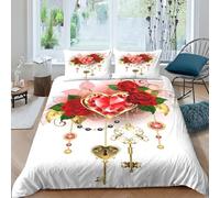 ESSAHI Rose Rouge Parure De Lit Imprimé 3D en Microfibre avec Fermeture Éclair Ruby Love Housse De Couette Et Taies d'oreiller 3 Pièces- pour Adultes Et Enfants King(220x240cm)