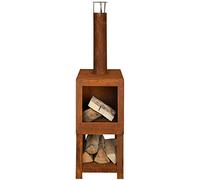 Esschert Design Four de terrasse avec roulement en Bois, Aspect rouillé, 38,4 x 38,4 x 136,3 cm, décoration de Jardin, poêle à Bois avec Accessoires
