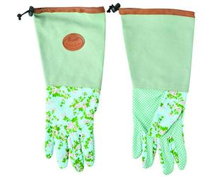 Esschert Design Gants en toile de jute avec imprimé rose - 18 x 1,2 x 37 cm - Longs - Protection avant-bras - Avec picots - Couleur de base : vert