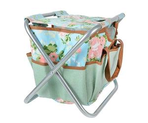 Esschert Design Jute Outils de Jardin Chaise avec Rose Impression, 40 x 31 x 31 cm, avec de Nombreuses Poches, Pliable, avec dragonne