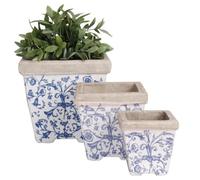 Esschert design pot de fleurs blumengefäß 3 pièces bleu et blanc en céramique carré de différentes tailles