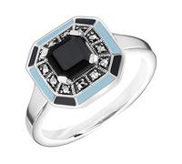 Esse Bague marcassite en argent sterling avec onyx noir et émail détaillé Art Déco, Métal, Onyx