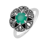 Esse Bague solitaire en argent sterling et marcassite avec calcédoine verte et marcassite en émail noir, Pierre précieuse, Calcédoine verte