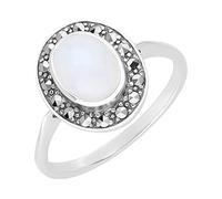 Esse Marcasite Bague solitaire en argent sterling avec pierre de lune ovale et marcassite, Argent, Pierre de lune