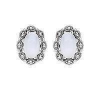 Esse Marcasite Boucles d'oreilles à tige classiques en argent sterling avec pierre précieuse ovale, Argent sterling, Pierre de lune Marcassite